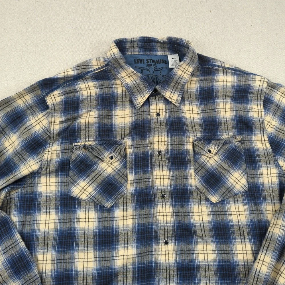 Levis Shirt Mens 2XL Blue Plaid Flannel Pearl Snap Western‎ Cowboy Rodeo